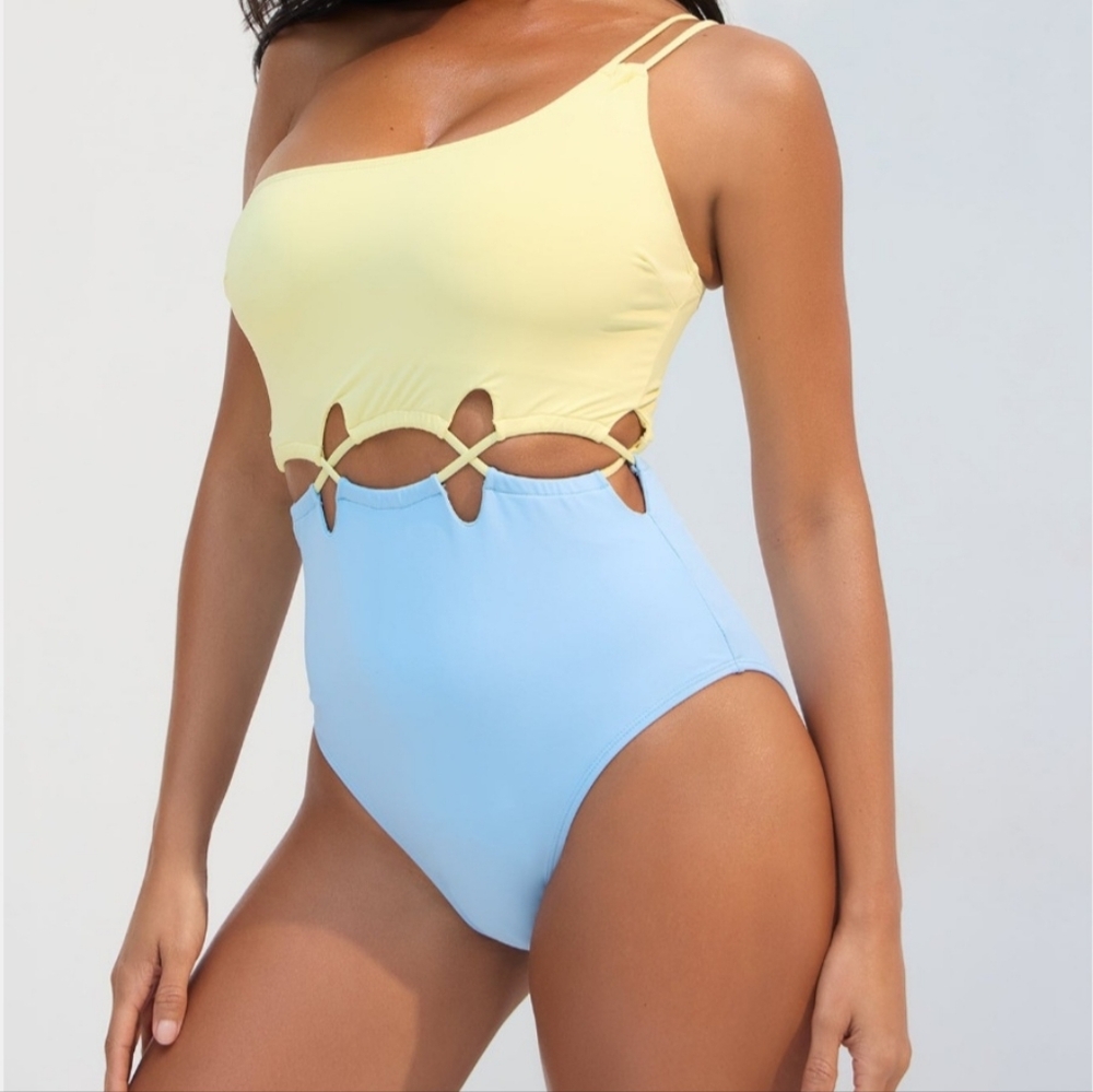 Fashion Nova Yellow and Blue Cut-Out Swimsuit